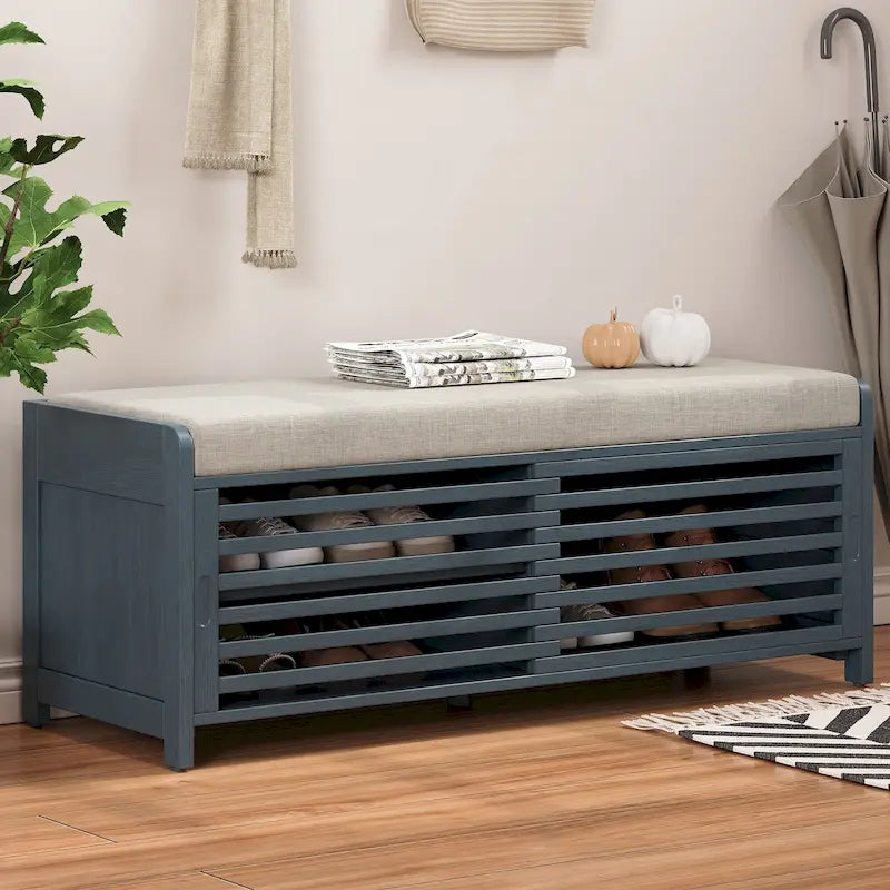 Banc de rangement avec volets décoratifs en placage d'acacia pour un charme rétro dans le salon ou l'entrée (Bleu marine)