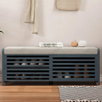 Banc de rangement avec volets décoratifs en placage d'acacia pour un charme rétro dans le salon ou l'entrée (Bleu marine)