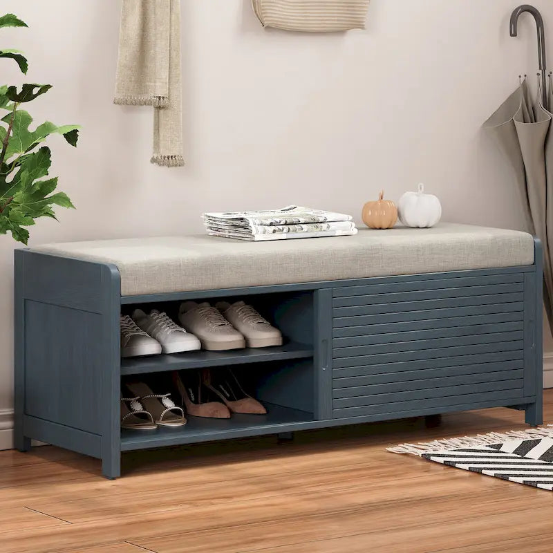 Banc de rangement avec volets décoratifs en placage d'acacia pour un charme rétro dans le salon ou l'entrée (Bleu marine)
