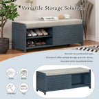 Banc de rangement avec volets décoratifs en placage d'acacia pour un charme rétro dans le salon ou l'entrée (Bleu marine)