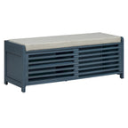 Banc de rangement avec volets décoratifs en placage d'acacia pour un charme rétro dans le salon ou l'entrée (Bleu marine)