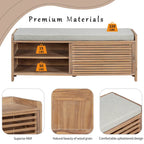 Banc de rangement avec volets décoratifs en placage d'acacia pour un charme rétro dans le salon ou l'entrée (Bleu marine)