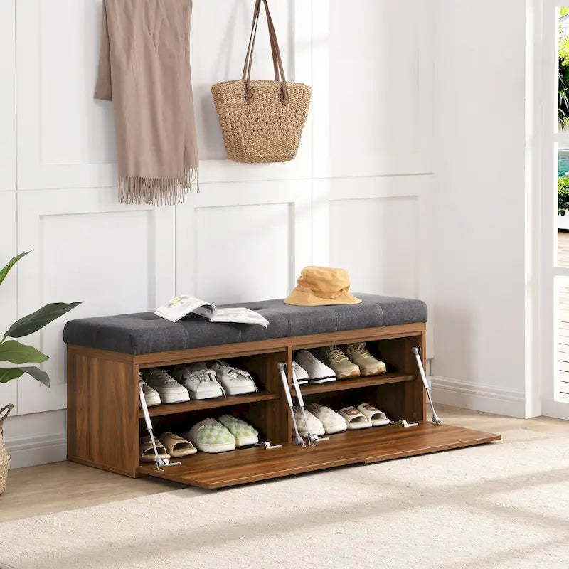 49 Banc de rangement pour chaussures, meuble à chaussures d'entrée, pouf de rangement avec coussin rembourré et portes doubles pour entrée, chambre à coucher