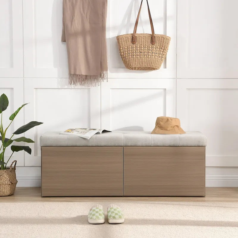 49 Banc de rangement pour chaussures, meuble à chaussures d'entrée, pouf de rangement avec coussin rembourré et portes doubles pour entrée, chambre à coucher
