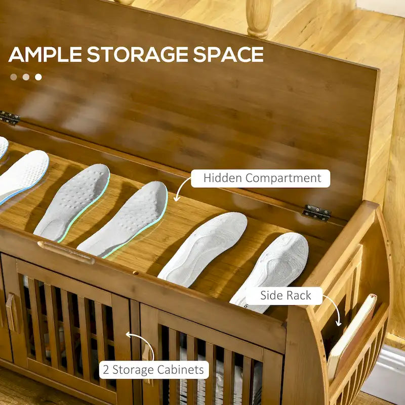 Banc à chaussures avec armoires de rangement, banc d'entrée en bambou avec coussin d'assise, 3 portes