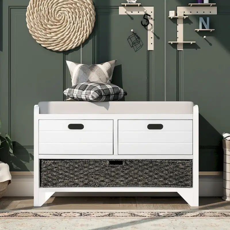 Banc de rangement en bois pour entrée avec 1 panier, 2 tiroirs et coussin amovible