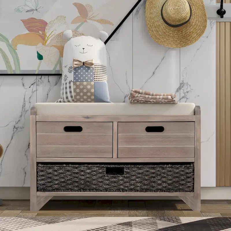 Banc de rangement en bois pour entrée avec 1 panier, 2 tiroirs et coussin amovible