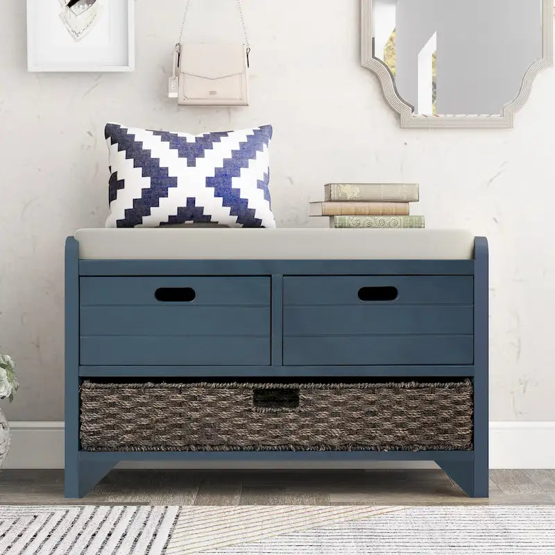 Banc de rangement en bois pour entrée avec 1 panier, 2 tiroirs et coussin amovible