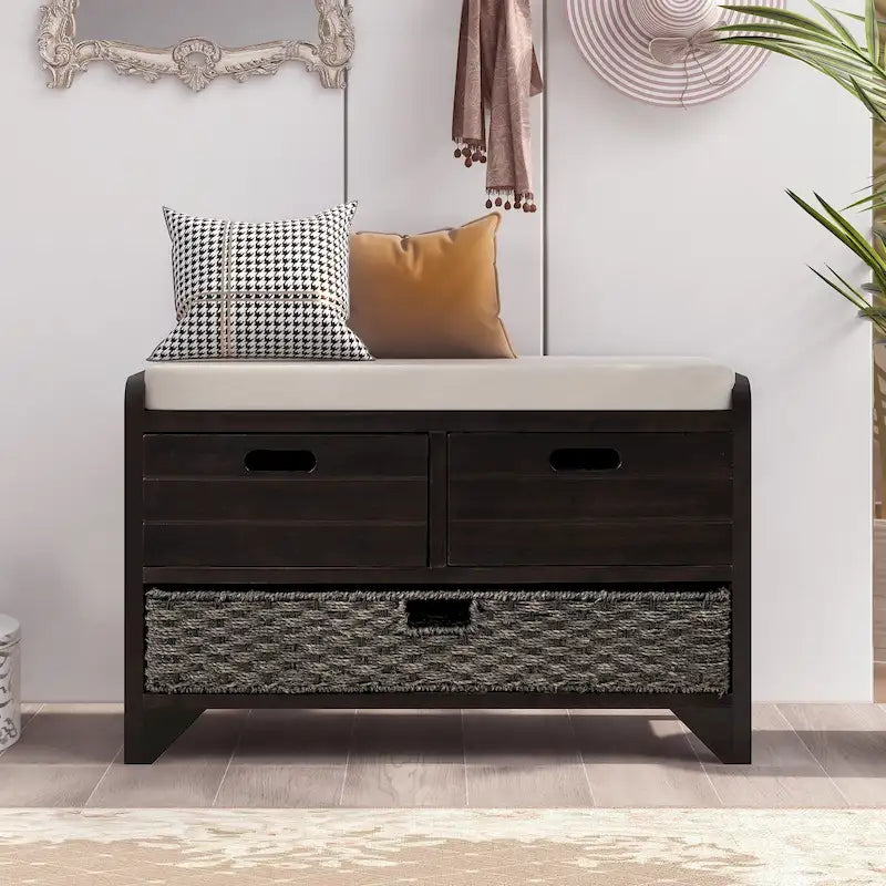 Banc de rangement en bois pour entrée avec 1 panier, 2 tiroirs et coussin amovible
