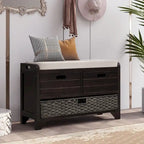 Banc de rangement en bois pour entrée avec 1 panier, 2 tiroirs et coussin amovible