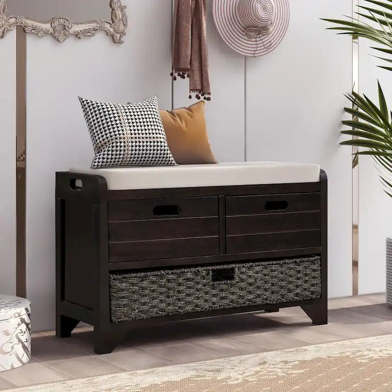 Banc de rangement en bois pour entrée avec 1 panier, 2 tiroirs et coussin amovible