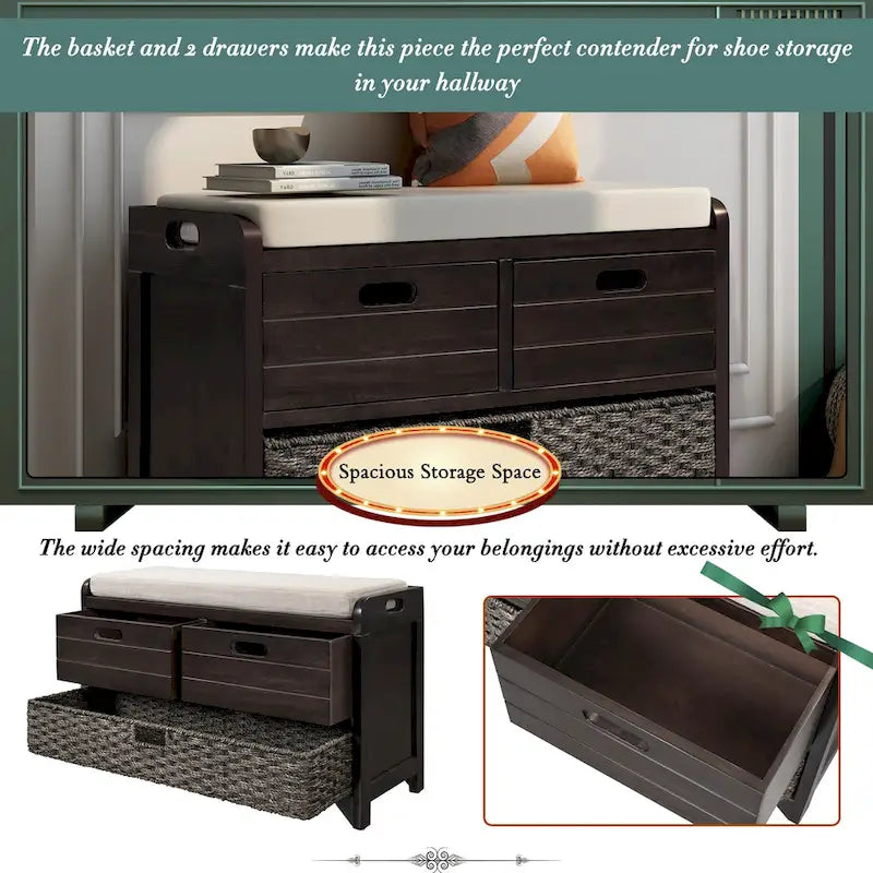 Banc de rangement en bois pour entrée avec 1 panier, 2 tiroirs et coussin amovible