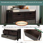 Banc de rangement en bois pour entrée avec 1 panier, 2 tiroirs et coussin amovible