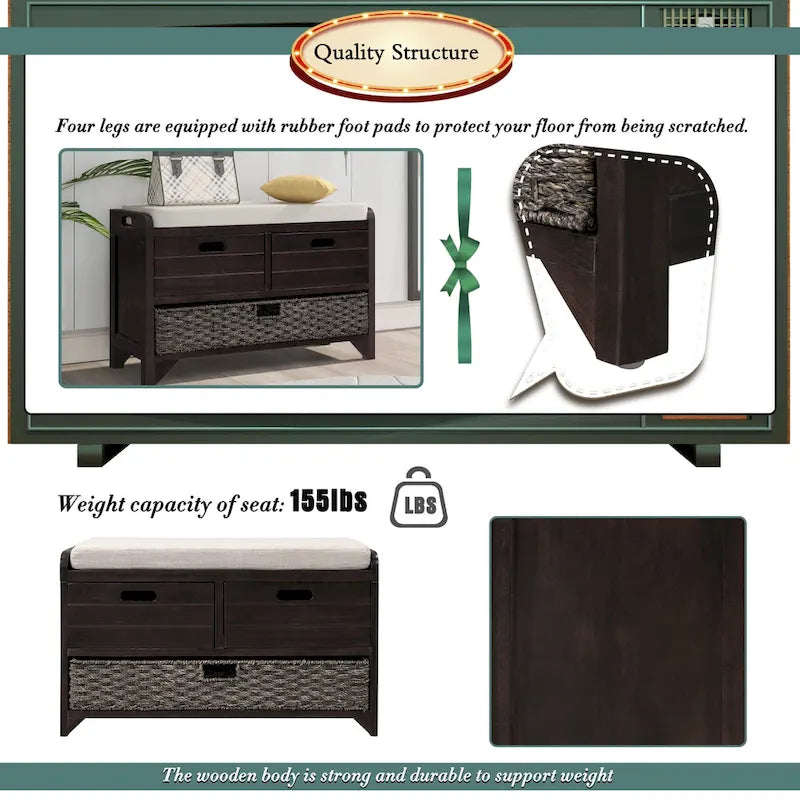 Banc de rangement en bois pour entrée avec 1 panier, 2 tiroirs et coussin amovible