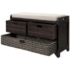 Banc de rangement en bois pour entrée avec 1 panier, 2 tiroirs et coussin amovible