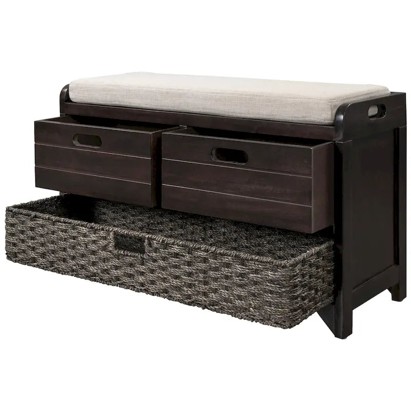 Banc de rangement en bois pour entrée avec 1 panier, 2 tiroirs et coussin amovible