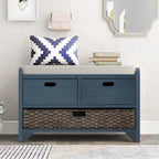 Banc de rangement en bois pour entrée avec 1 panier, 2 tiroirs et coussin amovible