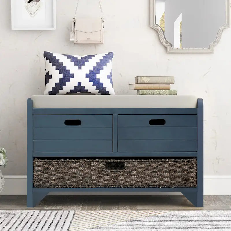 Banc de rangement en bois pour entrée avec 1 panier, 2 tiroirs et coussin amovible