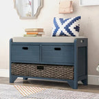 Banc de rangement en bois pour entrée avec 1 panier, 2 tiroirs et coussin amovible