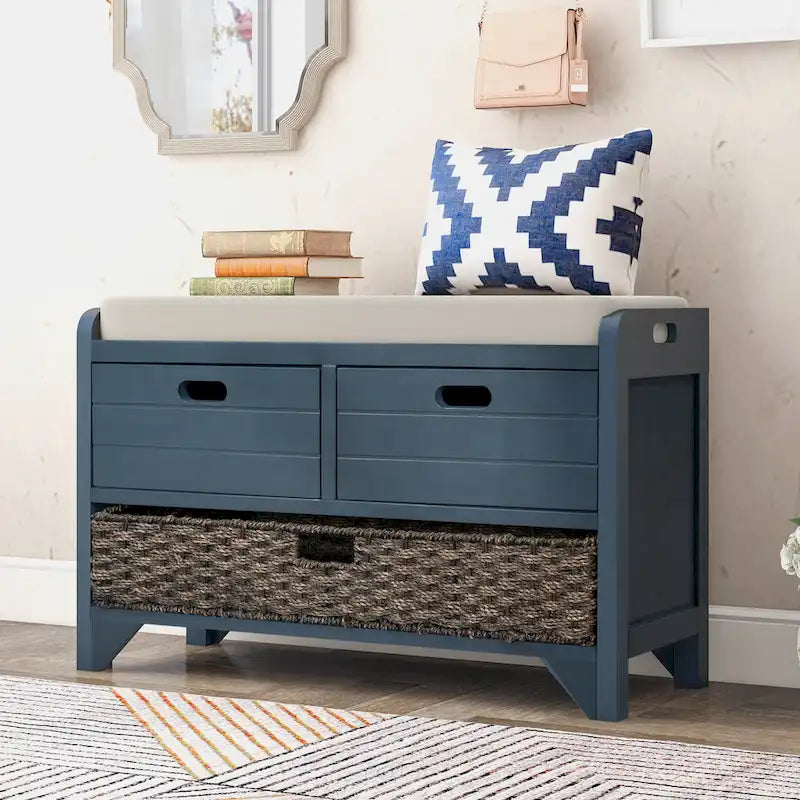 Banc de rangement en bois pour entrée avec 1 panier, 2 tiroirs et coussin amovible