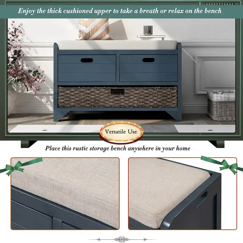 Banc de rangement en bois pour entrée avec 1 panier, 2 tiroirs et coussin amovible