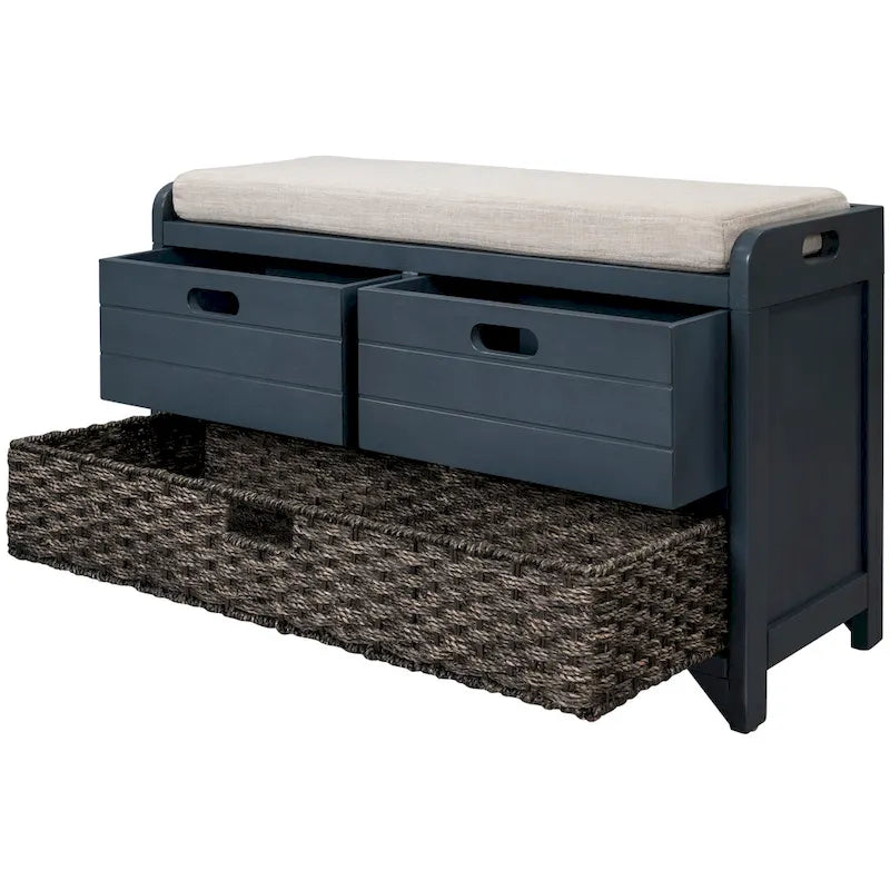 Banc de rangement en bois pour entrée avec 1 panier, 2 tiroirs et coussin amovible