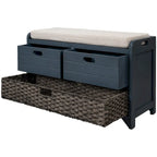 Banc de rangement en bois pour entrée avec 1 panier, 2 tiroirs et coussin amovible