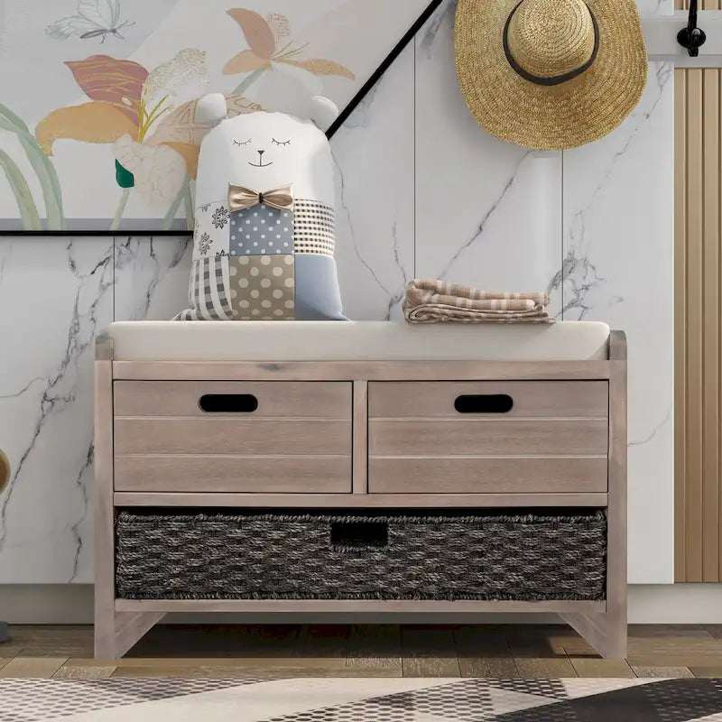 Banc de rangement en bois pour entrée avec 1 panier, 2 tiroirs et coussin amovible