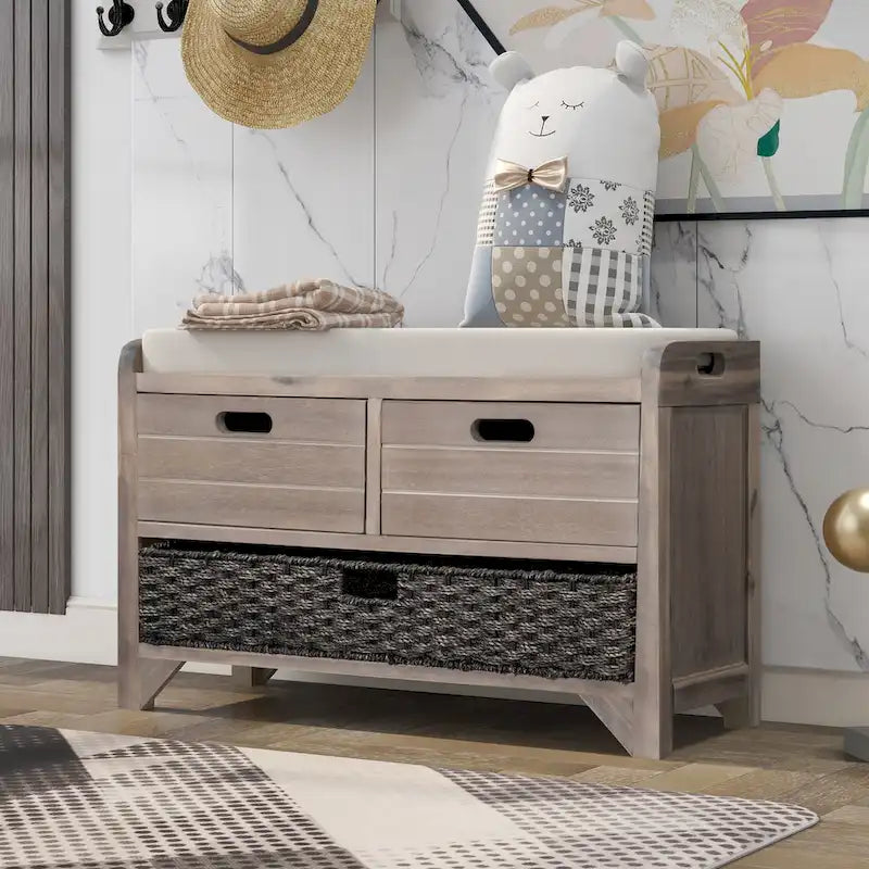 Banc de rangement en bois pour entrée avec 1 panier, 2 tiroirs et coussin amovible