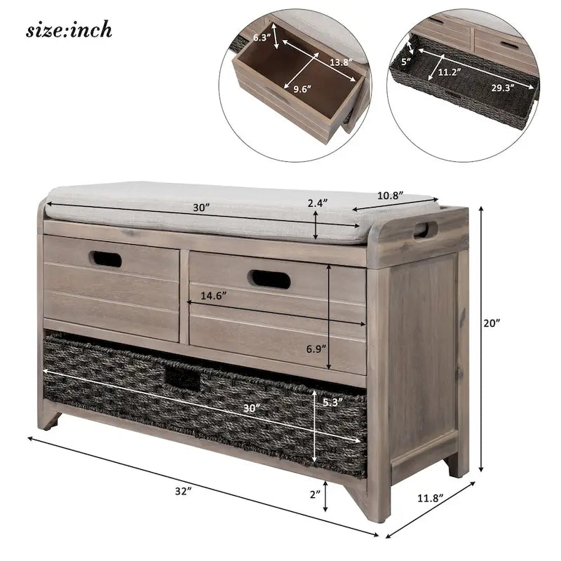 Banc de rangement en bois pour entrée avec 1 panier, 2 tiroirs et coussin amovible
