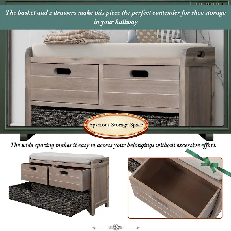 Banc de rangement en bois pour entrée avec 1 panier, 2 tiroirs et coussin amovible