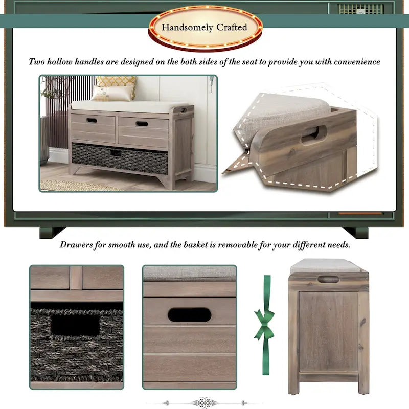 Banc de rangement en bois pour entrée avec 1 panier, 2 tiroirs et coussin amovible