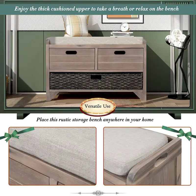 Banc de rangement en bois pour entrée avec 1 panier, 2 tiroirs et coussin amovible