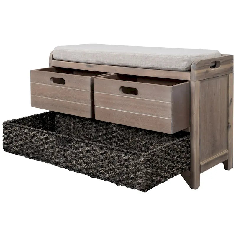 Banc de rangement en bois pour entrée avec 1 panier, 2 tiroirs et coussin amovible