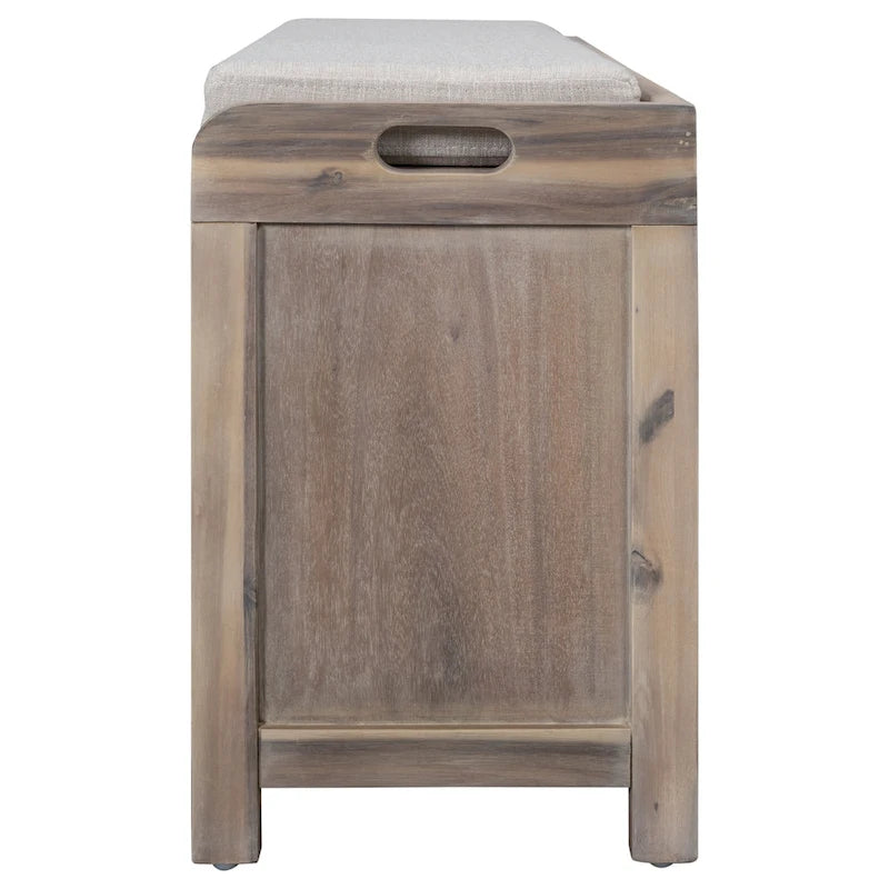 Banc de rangement en bois pour entrée avec 1 panier, 2 tiroirs et coussin amovible