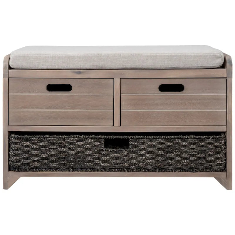 Banc de rangement en bois pour entrée avec 1 panier, 2 tiroirs et coussin amovible