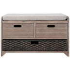 Banc de rangement en bois pour entrée avec 1 panier, 2 tiroirs et coussin amovible