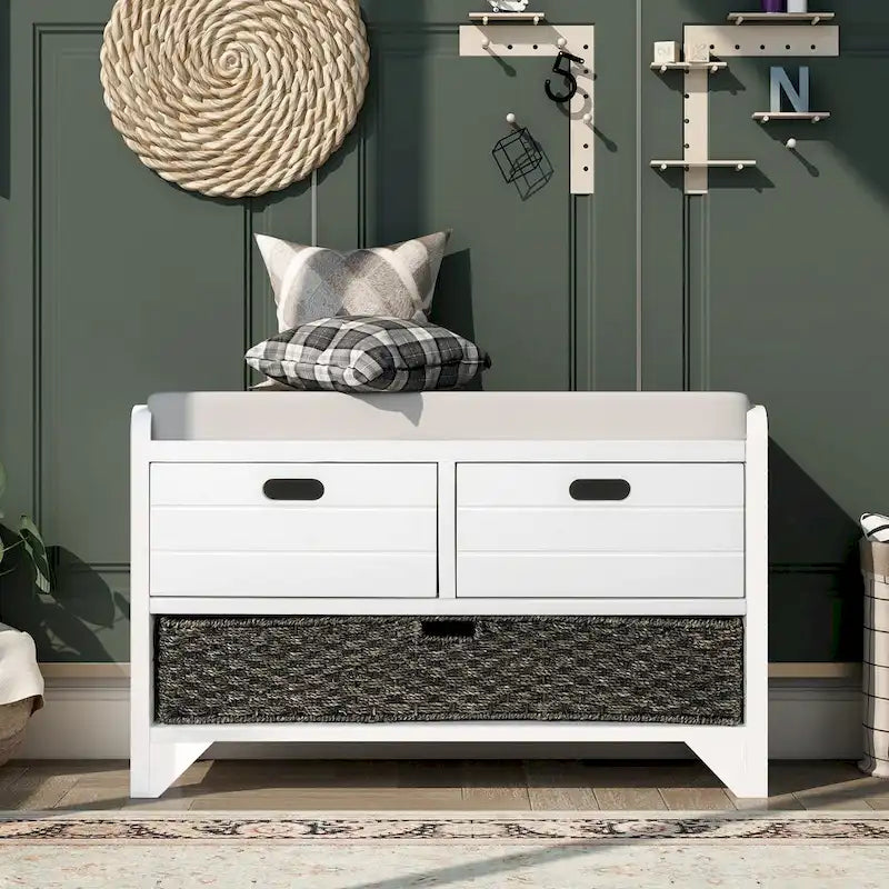Banc de rangement en bois pour entrée avec 1 panier, 2 tiroirs et coussin amovible