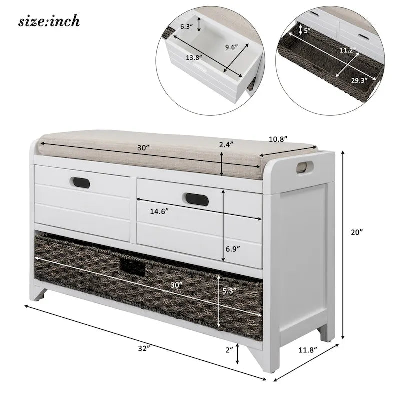 Banc de rangement en bois pour entrée avec 1 panier, 2 tiroirs et coussin amovible