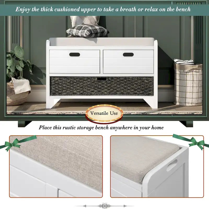 Banc de rangement en bois pour entrée avec 1 panier, 2 tiroirs et coussin amovible