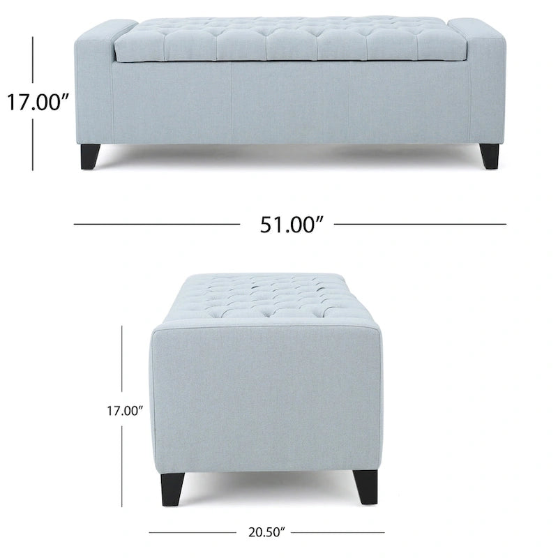 Banc coffre de rangement, tissu bleu clair, capitonné, 129,5 cm