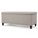 Banc coffre de rangement, tissu beige, garniture cloutée, 106 cm