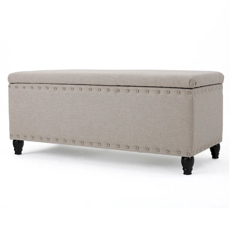 Banc coffre de rangement, tissu beige, garniture cloutée, 106 cm