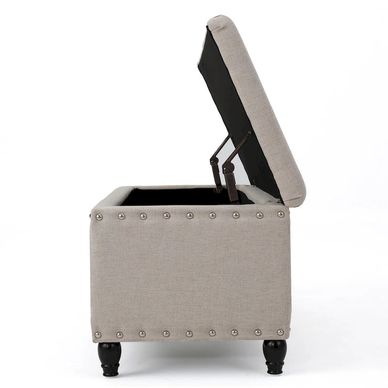 Banc coffre de rangement, tissu beige, garniture cloutée, 106 cm