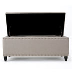 Banc coffre de rangement, tissu beige, garniture cloutée, 106 cm