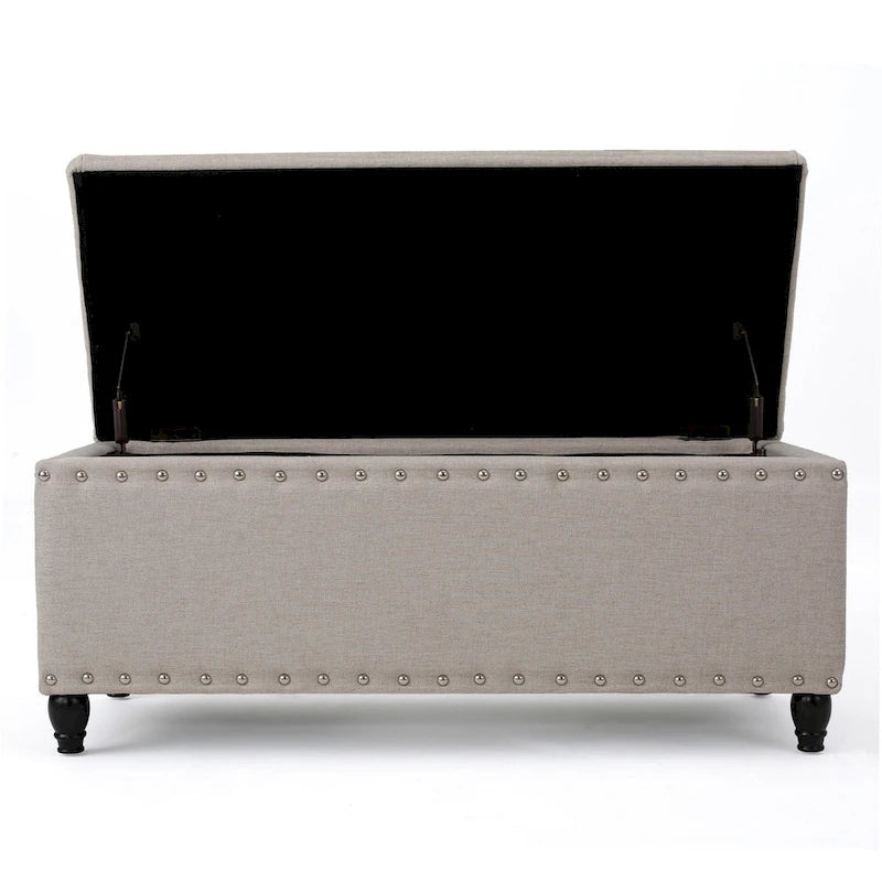Banc coffre de rangement, tissu beige, garniture cloutée, 106 cm