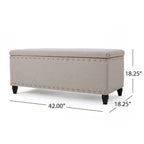 Banc coffre de rangement, tissu beige, garniture cloutée, 106 cm
