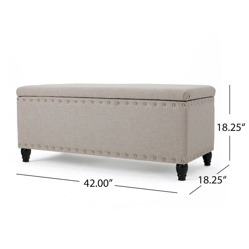 Banc coffre de rangement, tissu beige, garniture cloutée, 106 cm