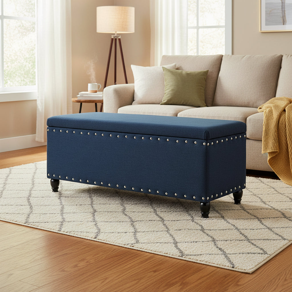 Sharon Storage Ottoman Bench, Navy Blue Fabric, Nailhead Trim, 42 Inch