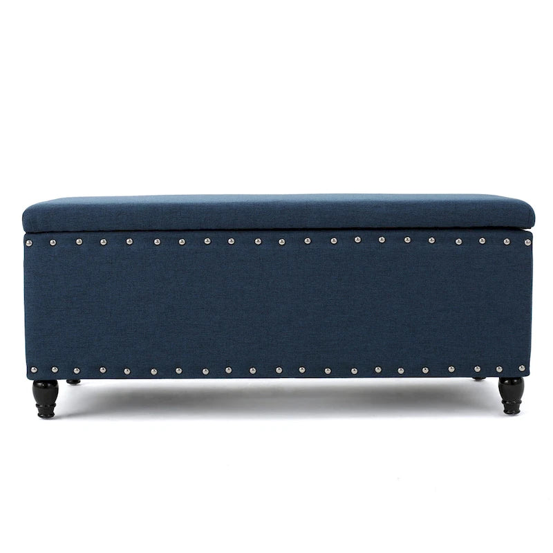 Banc ottoman de rangement en tissu bleu marine de 42 po avec garniture cloutée